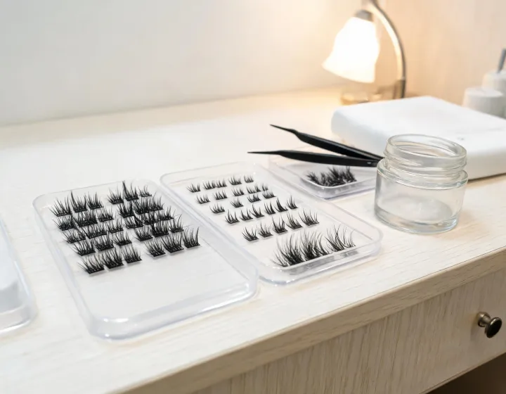 Eyelash Extensions Sourcing on a cosmetics bench, illustration only