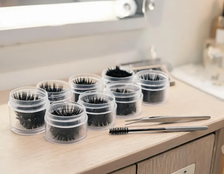 bulk eyelash extensions on a cosmetics bench, illustration only