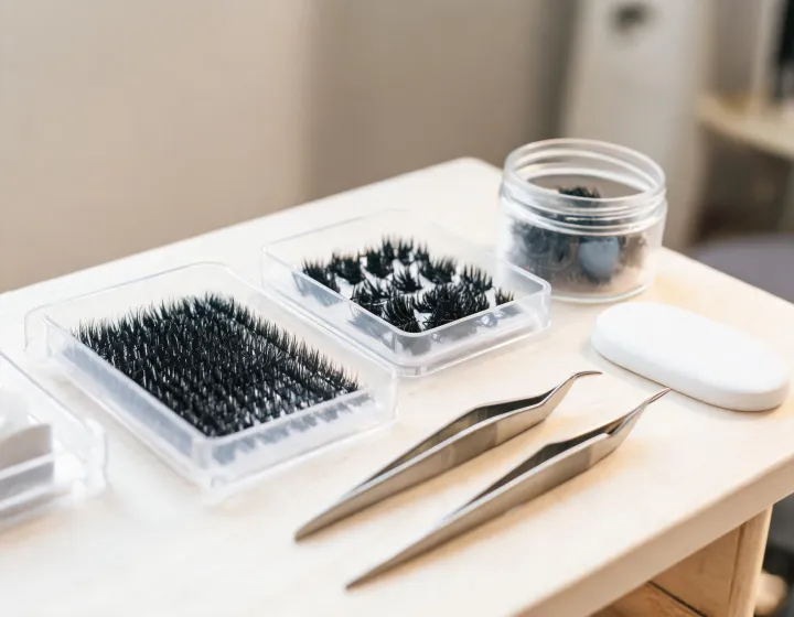 eyelash extensions bulk on a cosmetics bench, illustration only
